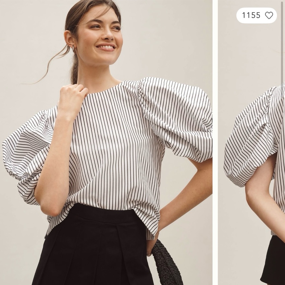 Anthropologie Black and White Striped Puff Sleeve Blouse